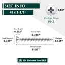 #8 x 1-1/2" (100 pcs) Flat Head Sheet Metal Screws, 304 Stainless Steel (18-8), Phillips Drive, Self Tapping, Corrosion Resistant Screws for Wood, Sheet Metal and More