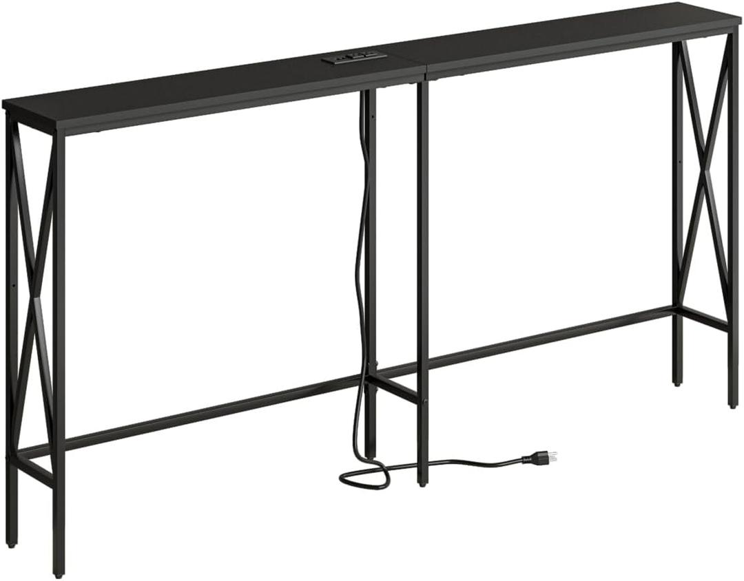 Masupu 63" Console Table with Power Outlet, Modern Narrow Long Sofa Table Behind Couch, Skinny Entry Table, Industrial Sofa Table with Metal Frame for Hallway, Living Room, Classic Black, 8" W x 63"L x 31.7" H
