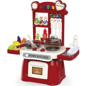 Kitchen Set for Toddler with Sound and LightPretend Cooking Food Set,Kids Kitchen PlaysetPlay Sink with Running Water and Electronic Induction StoveKitchen Accessories (red Kitchen Set)
