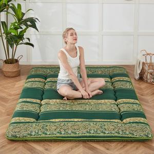 Japanese Floor Mattress, Futon Mattress with Portable Storage Bag and Washable Cover, Roll Up Thick Tatami Mat Suitable for Camping, Guest Room (Bohemian Green, Queen)