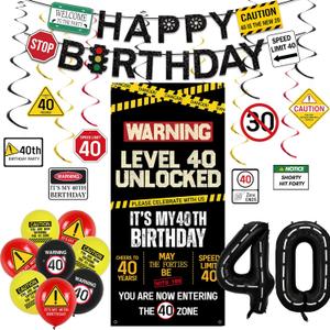 Roetyce 40th Birthday Decorations Men Women, Caution Logo Level 40 Unlocked Banner Backdrop Balloons Hanging Swirls Kit, Funny 40 Years Old Yard Wall Sign Door Cover, Black 40 Zone Party Supplies