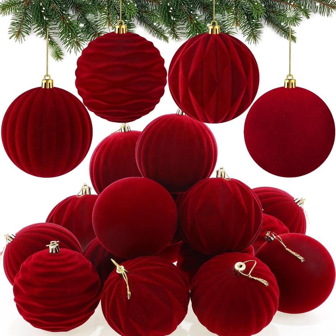 Liliful 12 Pcs Velvet Christmas Ornaments Balls, 4 Inch Flocked Plastic Christmas Tree Ball Shatterproof Hanging Ornaments Decorations for Xmas Tree Vintage Holiday Rustic Home Decor (Wine Red)