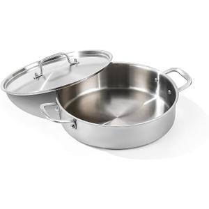 DELARLO Tri-Ply Stainless Steel 6 Quart Braiser Pan with Lid Induction Rondeau Pot With Lid 12inch Deep Frying Pan Large Saute Pan Heavy Duty Style Compatible With All Cooktops Up to 650℉