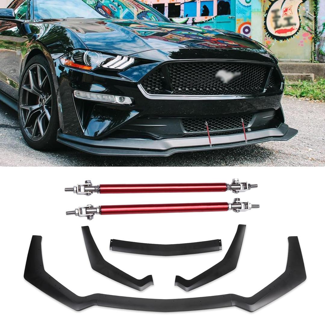 3PCS Matte Black Front Bumper Lip Chin Spoiler Splitter Diffuser Protector Body Kit with Adjustable 10"-13" Red Support Rod Compatible with 2018-2022 Ford Mustang Ecoboost GT V8