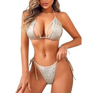 Kaei&Shi Sequin Bikini,Triangle Sparkly 2 Piece Bathing Suit Sets,High Cut Sexy Cheeky Glitter Swimsuit for Women S