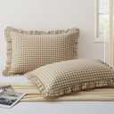 KKJIAF 2 Pcs Plaid Ruffle Pillow Case King Size, Ruffled Gingham Cotton Pillowcases 20x36 Inch, Linen Feel Plaid Bed Pillow Shams with Envelope Closure for Sofa Bed (Taupe)