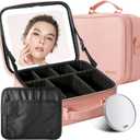 Mocado Travel Makeup Bag with LED Lighted Mirror, Travel Makeup Organizer, Makeup Case with 3 Color Lighted Setting and 10x Magnifying Mirror, Portable Storage and Adjustable Dividers Makeup Box(Pink)