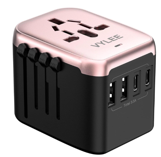 Universal International Power Travel Plug Adapter, 5 in 1 European Travel Plug Adapter W/ 3.5A 2xUSB-A and 2xUSB C Wall Charger and Worldwide AC Outlet for Europe USA UK AUS(Rose Gold)