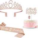 6th Birthday Decorations for Girl Including Sash, Crown, Numeral Candle and Cake Topper, 6 Year Old Birthday Decorations Rose Gold Party Favor Supplies