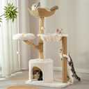 Moewrista Modern Cat Tree with Hammock 48.5 Inches Cat Tower with Scratching Post,Featuring Real Wood Post,Large Rattan Basket, Spacious Flower Perch and Condo for Indoor Cat Large Adults-Beige