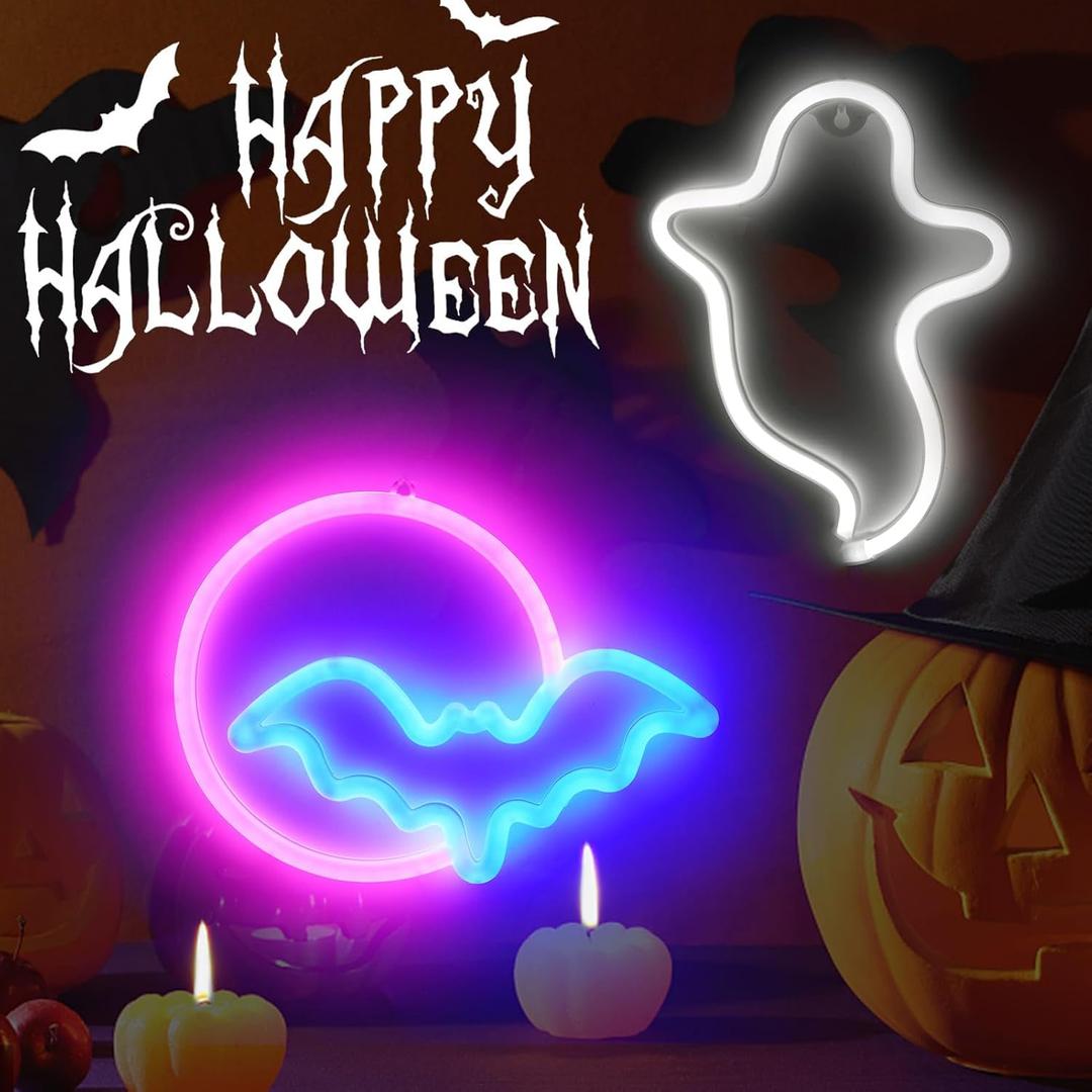 BRIGHTDECK 2 Pack Halloween Neon Signs, White Ghost, Blue Bat Full Moon Neon Lights Decorations, USB/Battery Powered Led Neon Sign for Halloween Wall Decor, Bedroom, Kids Gift, Bar, Party(Full Moon)