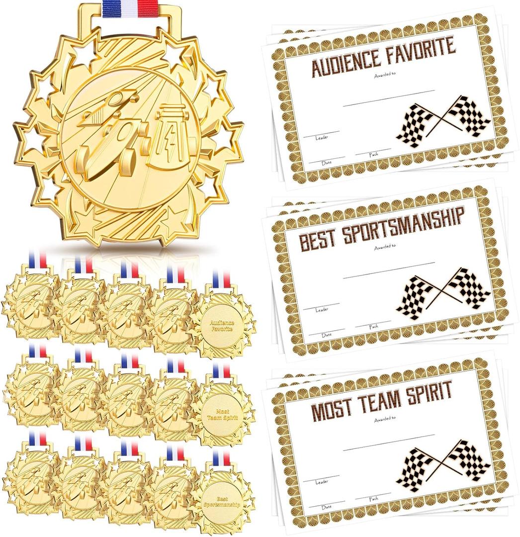 Cunno 15 Pcs Derby Medals with Award Certificate Race Car Trophy Gold Metal Award Medal with Neck Ribbon Prizes Winner Champion Trophies Prize Event Tournament Gifts