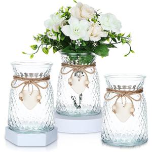 3 Pcs Glass Bud Vases with Twine Rope and Heart Label 6.3 Inch Boho Vintage Vase Flower Decorative Glass Vase for Centerpieces Holiday Wedding Home Table Decorations (Clear)