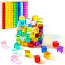 Meooeck 60 Pcs Colored Acrylic Gem Cube Blocks, Translucent Rainbow Building Stacking Cube Educational Sensory Train Toy with Wooden Storage Box for Toddler Kid Montessori Christmas Stocking Stuffer