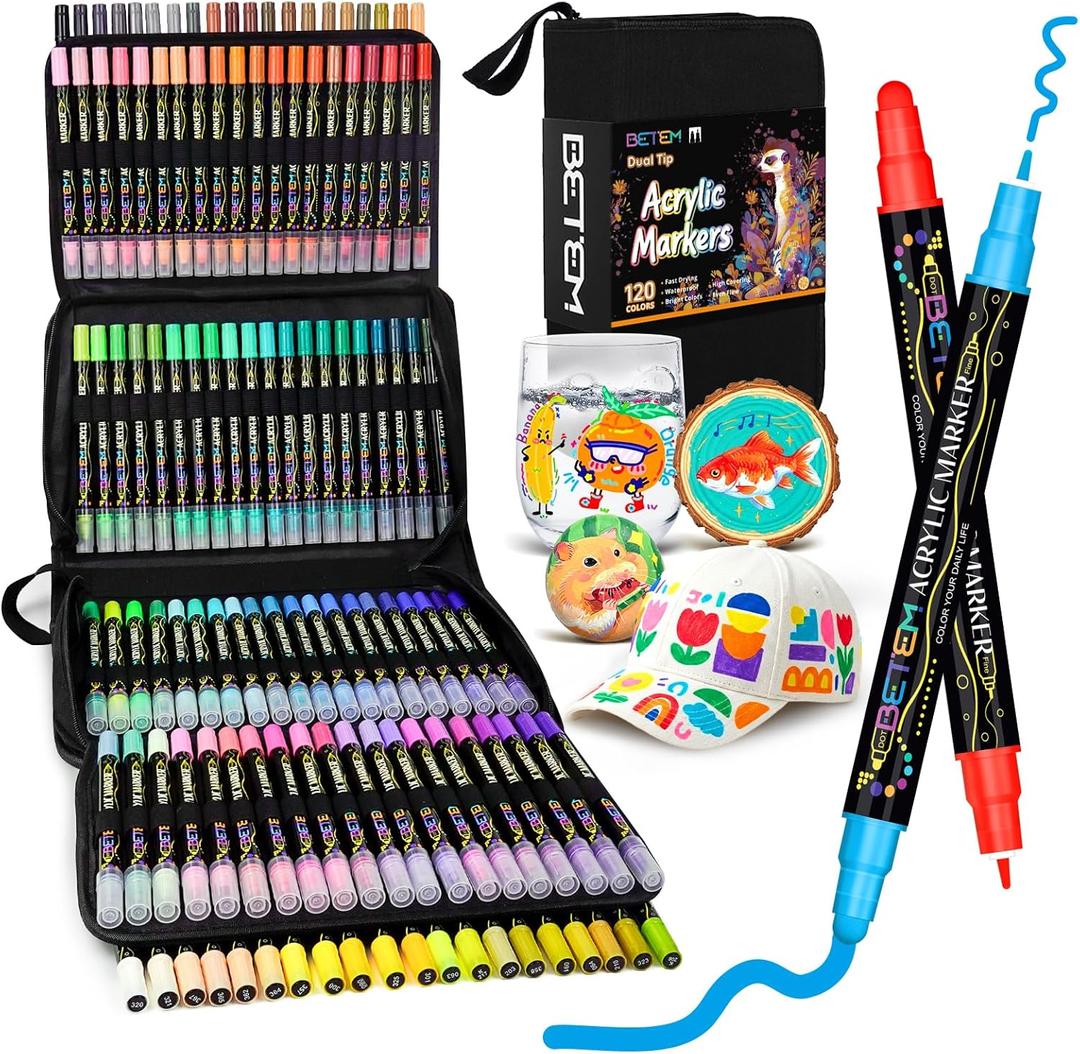 Betem Acrylic Paint Markers Pens, Dual Tip 120 Colors Premium Paint Pens Acrylic Markers for Wood, Fabric, Canvas, Stone, Rock Painting, Glass, Ceramic Surface, DIY Crafts Making Art Supplies with Bag