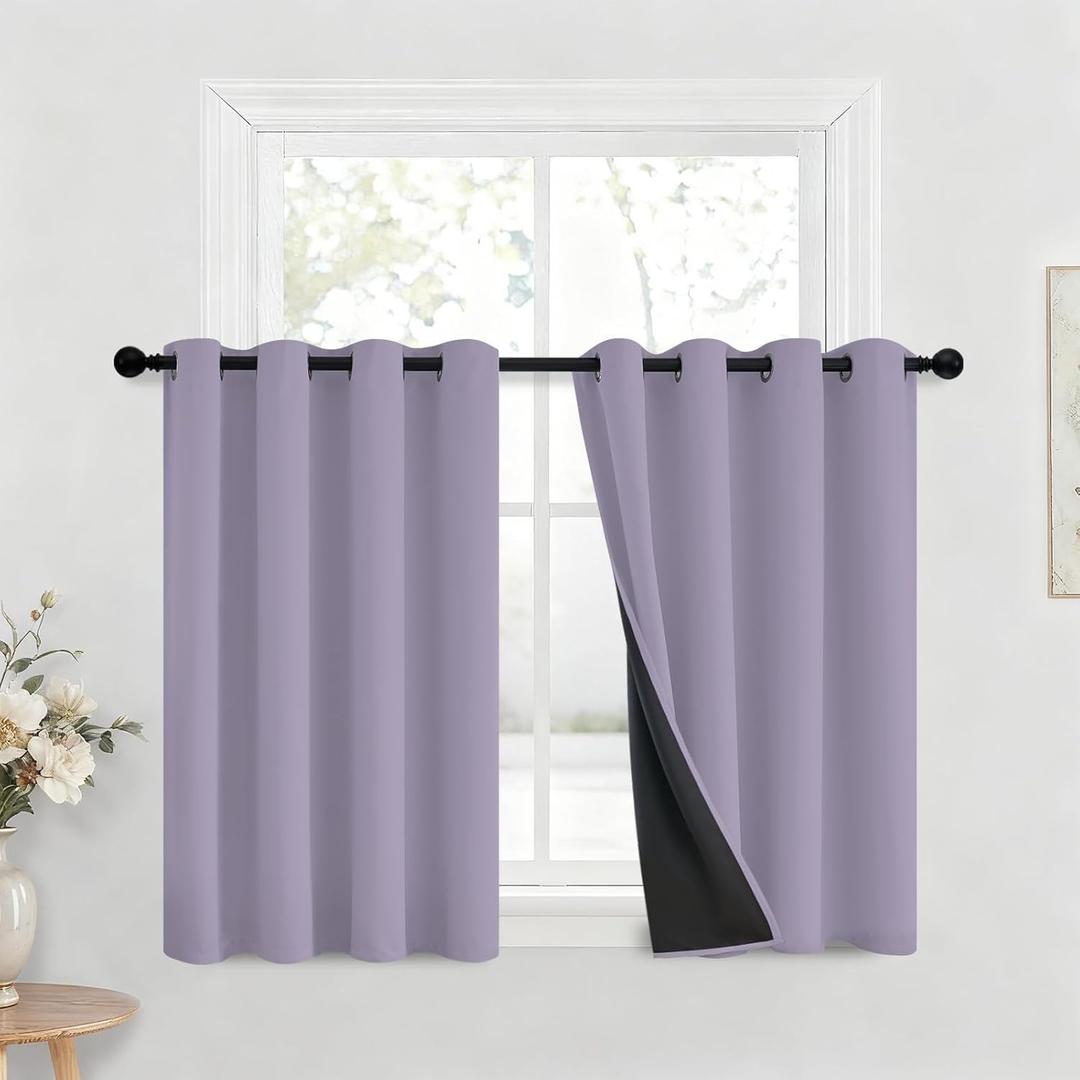 Yakamok 100% Blackout Curtains for Bedroom 36 Inch Length, Lilac Total Light Blocking Drapes with Black Backing, Thermal Insulated Solid Grommet Panels for Kitchen, 52Wx36L, 2 Panels