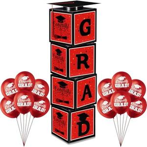 Gejoy 2025 Red and Black Graduation Decorations Prom Boxs Decorations 2025 Graduation Balloon Boxes with Letters Grad Cap for Grad Party School Home College