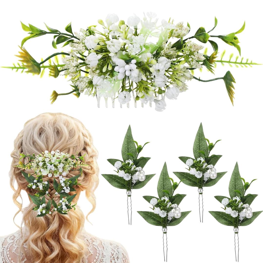 Norme 5 Pcs Bridal Floral Hair Comb Hairpins Set Sage Green Wedding Flowers Hair Accessories Babys Breath Hairstyle Eucalyptus Leaves Handmade Bridal Shower Dress Decor for Bridesmaids Women Girls