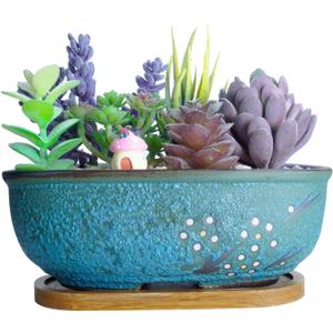 ARTKETTY Succulent Pots, 7.9" Rectangle Succulent Planters with Drainage Tray, Shallow Planters for Indoor Plants Ceramic Cactus Pots Bonsai Flower Plant Container for Home Windowsill Decor (Grainy Blue)