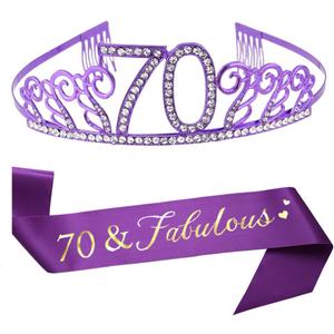 Purple Tiara and Sash - Satin Sash and Crystal Rhinestone Birthday Crown for 70th Birthday Party Supplies, Favors, Decorations, Gifts, Cake Topper