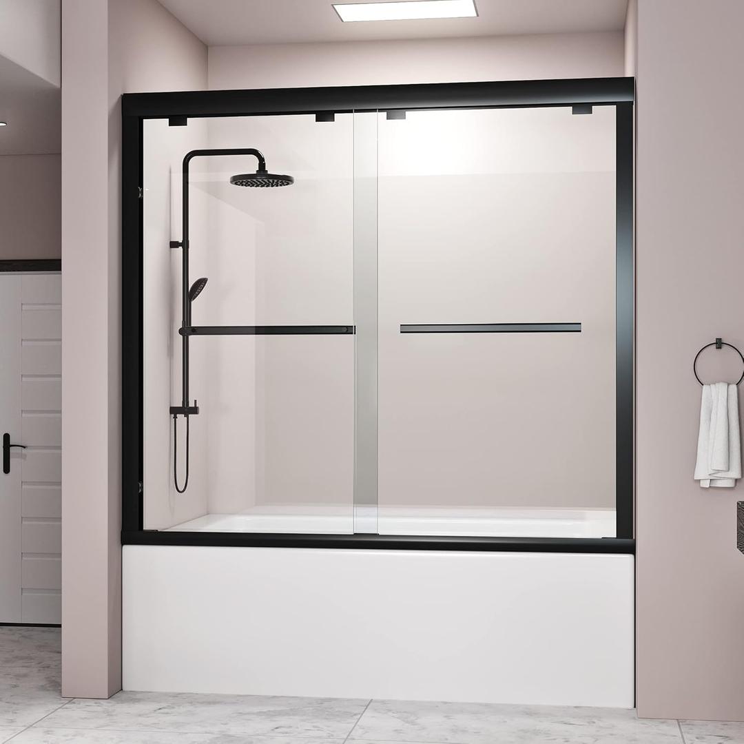 DELAVIN 56-59 in. Semi-Frameless Double Sliding Tub Door, Shower Doors, Bypass Bathtub Door, Tub Shower Door, SGCC Tempered Glass Doors with Explosion-Proof Film, Stainless Steel, Matte Black