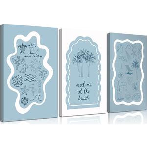 3 pcs Blue Trendy Coastal Beach Canvas Wall Art Bikini Seashell MEET ME AT THE BEACH Wall Decor Pictures Coastal Granddaughter Preppy Aesthetic Poster Print for Bedroom Dorm Apartment Home Decoration, 12x16
