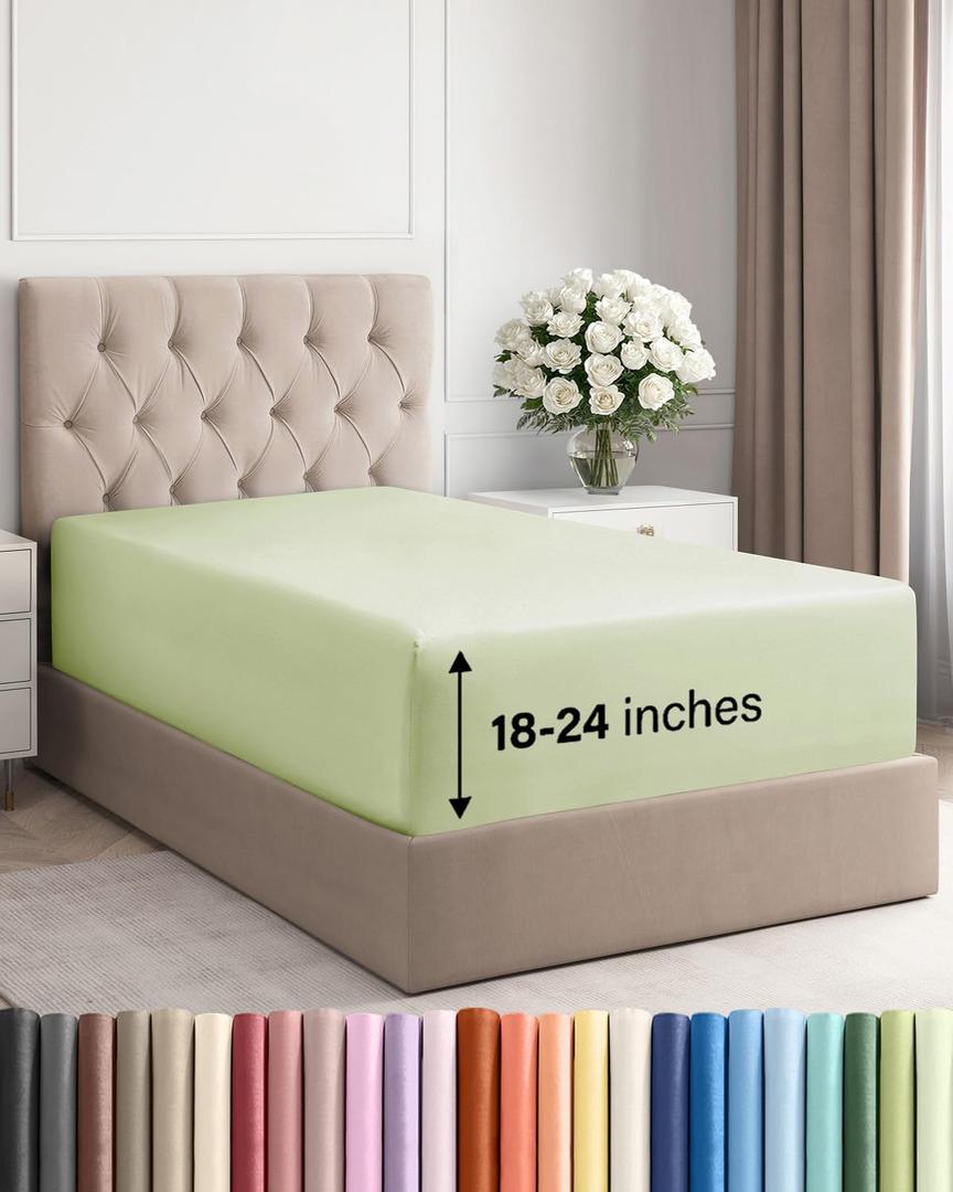 Extra Deep Twin Fitted Sheet - Hotel Luxury Single Fitted Sheet Only - Easily Fits 18 inch to 24 inch Mattress - Ultra Soft, Wrinkle Free w/Extra Deep Pockets - Breathable & Comfy - Light Sage Green