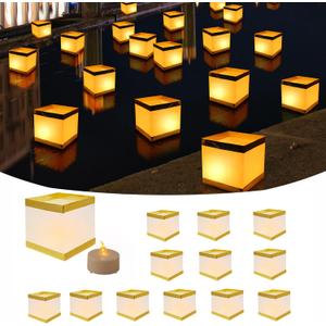 12Pack Reusable Floating Square Lanterns with LED Flameless Candles, Decorative Outdoor Table Lanterns for Weeding, Lawn, Pool, Wishing