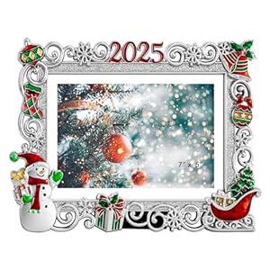 Xmas station 2025 Christmas Snowflake 5x7 Picture Frame Christmas Metal Display Photo Frames with Red Rhinestone High Definition Glass Front Gift Ideas Tabletop Home Decorative (Snowman, Chrome)