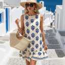BLENCOT Womens Boho Dress Sleeveless Ruffle Mini Summer Vacation Casual Dresses (Beige, M)