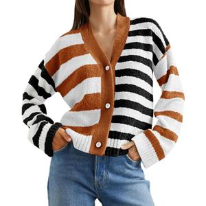 Saodimallsu Womens Striped Cardigan Sweaters V Neck Open Front Button Up Color Block Fuzzy Loose Knit Coats (Small, Brown)