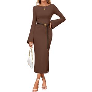 ZESICA Fall Cocktail Dresses for Women 2026 Long Sleeve Elegant Semi Formal Party Bodycon Slimming Business Casual Midi Dress,Brown,Large