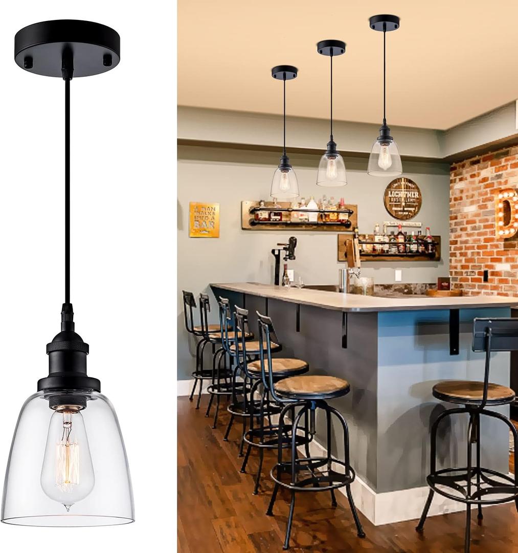 Pendant Light Over Island Hanging Lighting Industrial Clear Glass Adjustable Cord for Sink Kitchen Island Dining Room, Black, 1 Pack