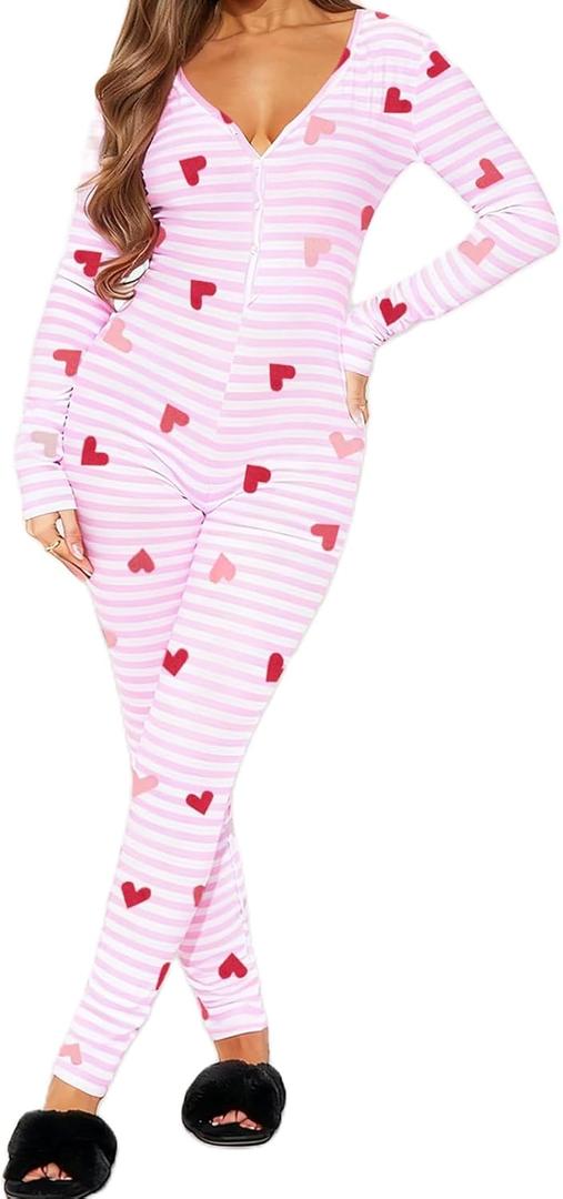 Nicoxijia Women Valentine's Bodycon Pajama Jumpsuit V Neck Long Sleeve Button One Piece Rompers Overall Sleepwear Loungewear (Pink, S)