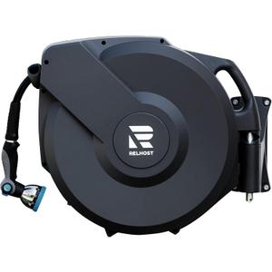 Relhost Garden Hose Reel 115 ft x 5/8 in, Retractable Heavy Duty Hose Reel with Any Length Lock, Auto Rewind System, 180 Metal Swivel Bracket, 10-Pattern Garden Hose Nozzle, Dark Grey
