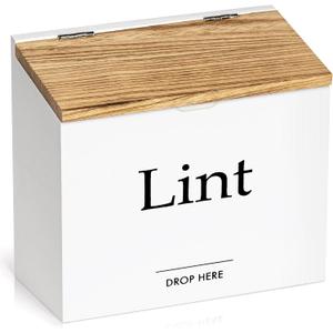 Magnetic Lint Bin for Laundry Room - Compact Size, Wooden Dryer Lint Bin with Lid - Rustic Lint Box, Magnetic Bin - Modern Farmhouse Laundry Room Decor, White with Torched Lid