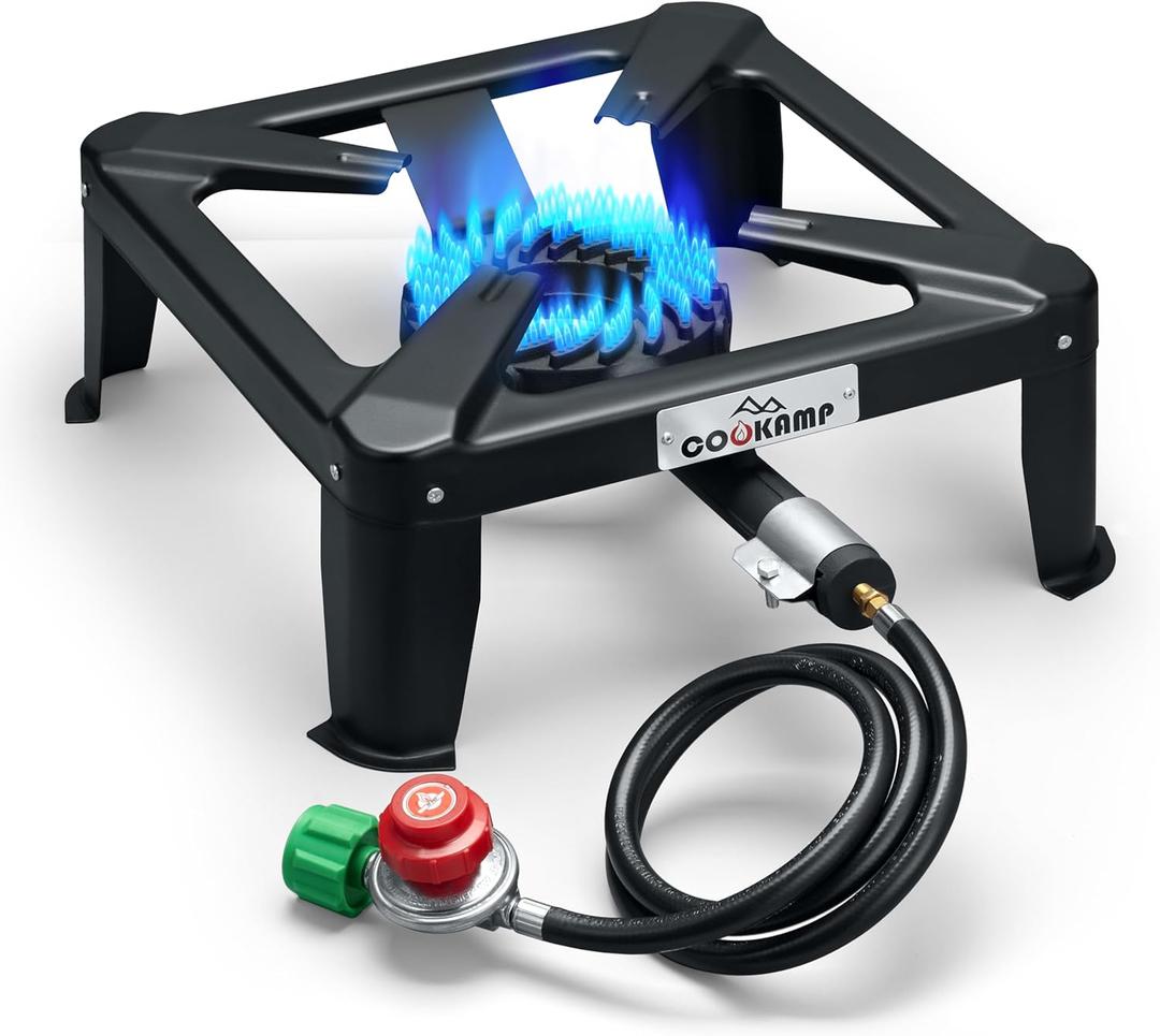 Propane Burner for Outdoor Cooking, 120,000 BTU Single 7" Round Burner, 16" Square Steel CooktopSA1730