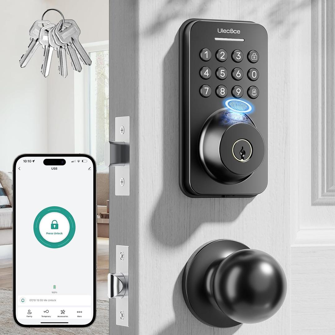 Ulecoce Fingerprint Keypad Deadbolt with Handle Set, Keyless Entry Door Lock, Door Locks for Front Door Lock Set, App Control, Auto Locking, Easy to Install, Matte Black