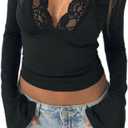 Women Lace Long Sleeve Going Out Tops Y2k Low Cut V Neck Slim Fitted Bell Sleeve Shirt (Small, Black)