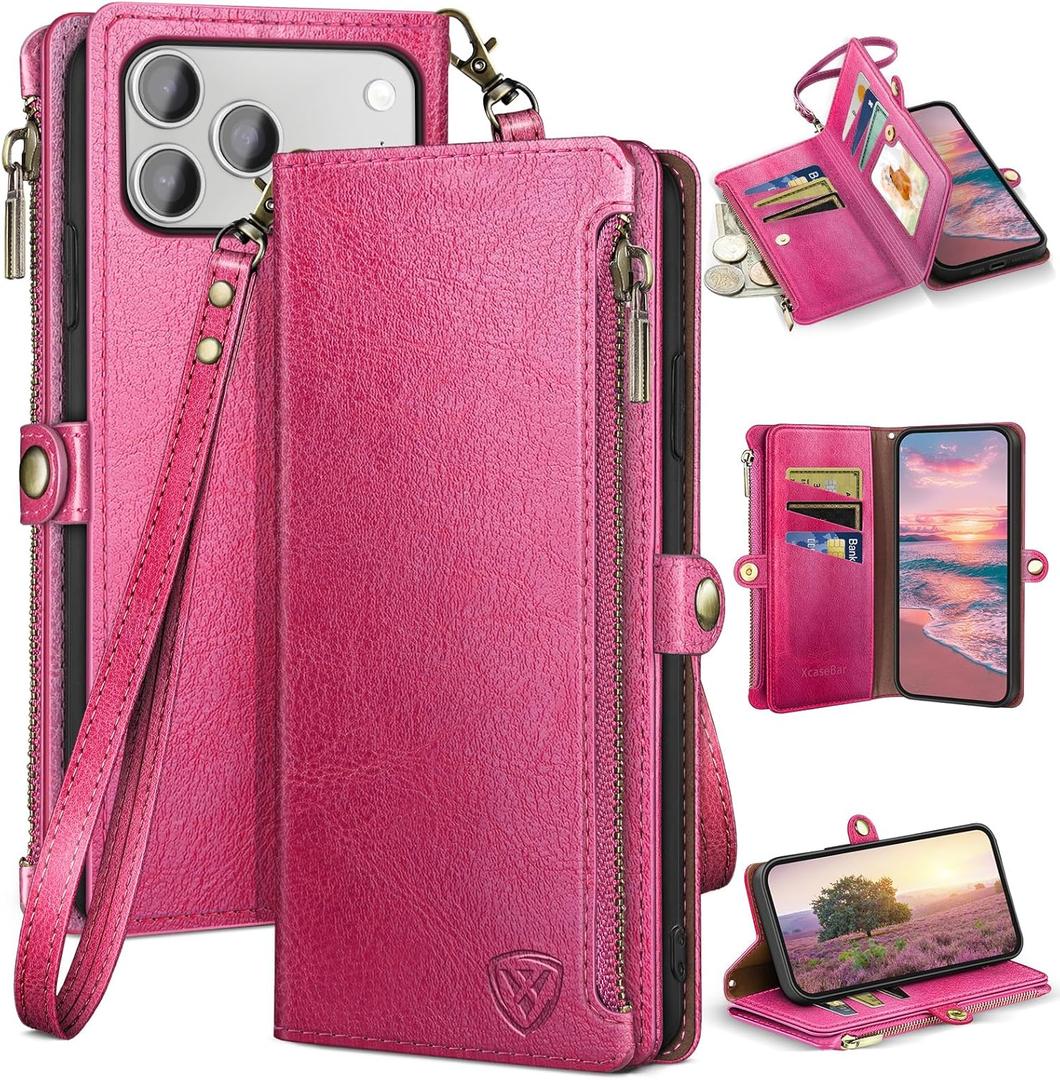 XcaseBar Compatible with iPhone 17 Pro 6.3" Wallet case with Zipper Credit Card HolderRFID Blocking,Flip Folio Book PU Leather Phone case Shockproof Cover Women Men for Apple 17 Pro case Rose Red