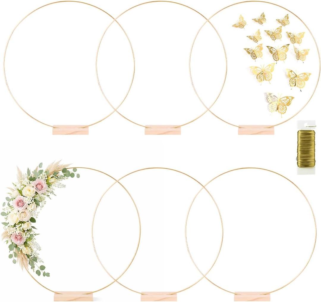 6 Pack Floral Hoop with Stand and 38-Yard Paddle Wire 20 Inch Metal Rings for DIY Centerpiece Table Decorations Crafts Macrame Rings Hoop Wreath Dream Catcher Rings Wedding Christmas Wreaths, Gold