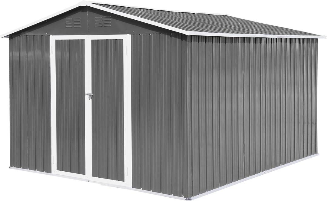 10x8 FT Outdoor Metal Garden Shed, Galvanized Steel Large Storage Sheds with Lockable Doors, Weatherproof Tool House with Pitched Roof & Punched Vents for Backyard Lawn, Gray + White