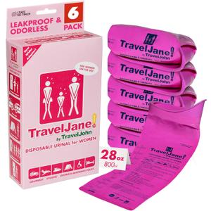 TravelJane Disposable Urinal Bags  Travel Urinal for Women, Men & Kids  Leakproof, Odorless Portable Urine Bags  Ideal for Camping, Emergencies & Long Car Rides (TJ1R-C)