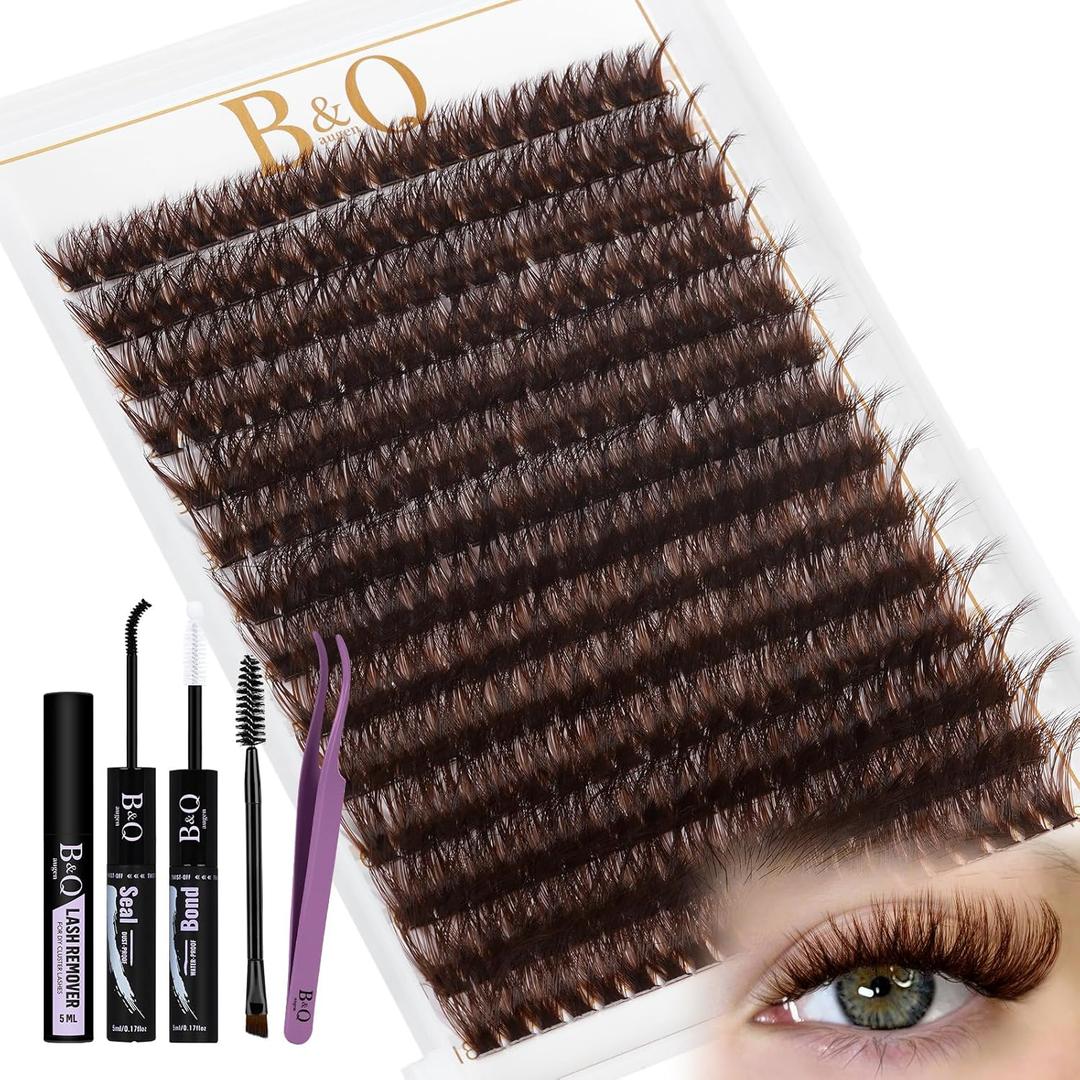 B&Q Mocha Brown Lash Clusters Kit | 280 Pcs Brown Wispy & Natural Eyelash Clusters for Beginner DIY, Complete Lash Extension Kit with Bond and Seal, Fake Eyelashes for Natural Look80D 10-18mm)