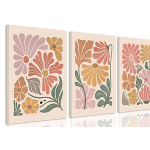 TBKHUDBI Boho Flower Canvas Wall Art Abstract Floral Pictures Prints Set of 3 Minimalist Botanical Painting Poster Flower Market Aesthetic Wall Decor for Living room Bedroom 24"x16" Framed