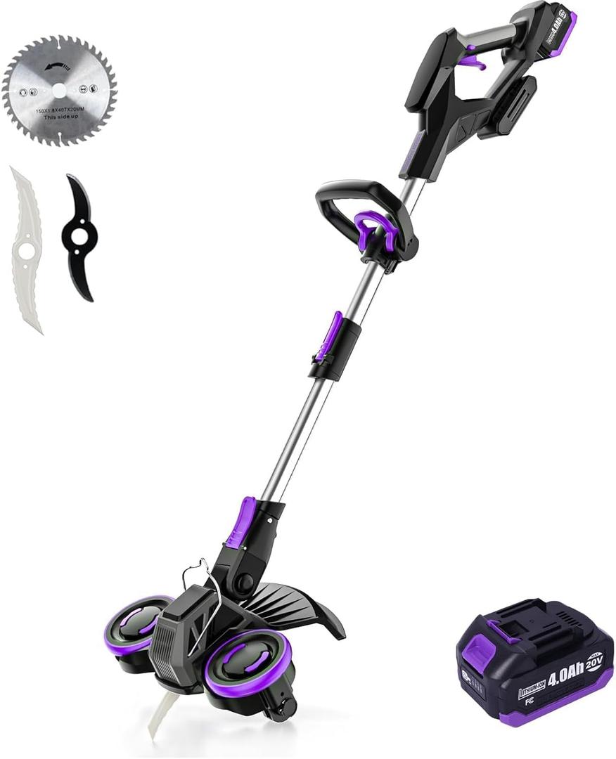 20V Cordless Weed Wacker, Brushless Gear Motor, 3-in-1 Lawn Edger/Mower/Trimmer (One 4.0Ah Battery)