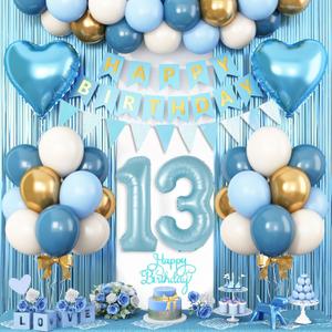 13th Birthday Decorations Blue White Gold,13th Birthday Balloons with Happy Birthday Banner Fringe Curtain Heart Foil Balloons for Boys Girls 13 Year Old Birthday Decor