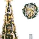 VINGLI 6ft Pop up Artificial Christmas Pine Tree with 150 Warm White Lights, Xmas Tree Holiday Party Decorations with Sturdy Metal Stand (Gold&Silver)