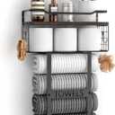 Rustic Brown Wood Vertical Towel Rack - Bath Wall Holder Set Above Toilet Storage, Rolled Towel Shelf Organizer for Small Bathrooms