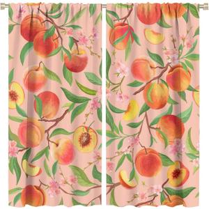 Fruit Blackout Curtains Pink Cute Peach Green Leaves Flower Retro Art Print for Girl Bedroom Kitchen Decor Rod Pocket Window Drapes 2 Panels 42x45in
